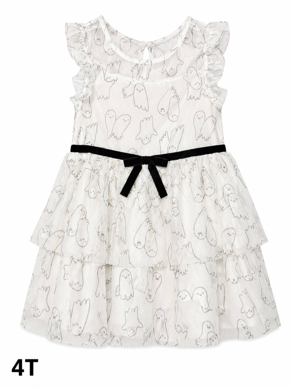 Girls White Ghost Print Tiered Dress with Black Belt